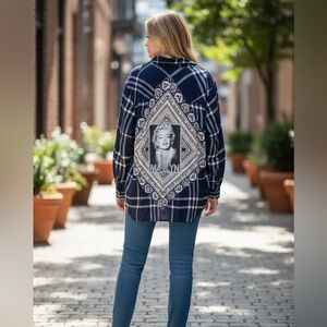 #806 Upcycle Navy Plaid flannel with Marilyn Monroe